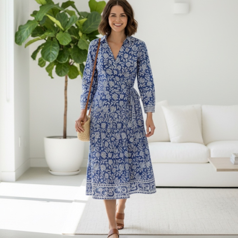 NWT Pomegranate Blue Floral Block Print Long Sleeve Midi Wrap Dress 100% Cotton
